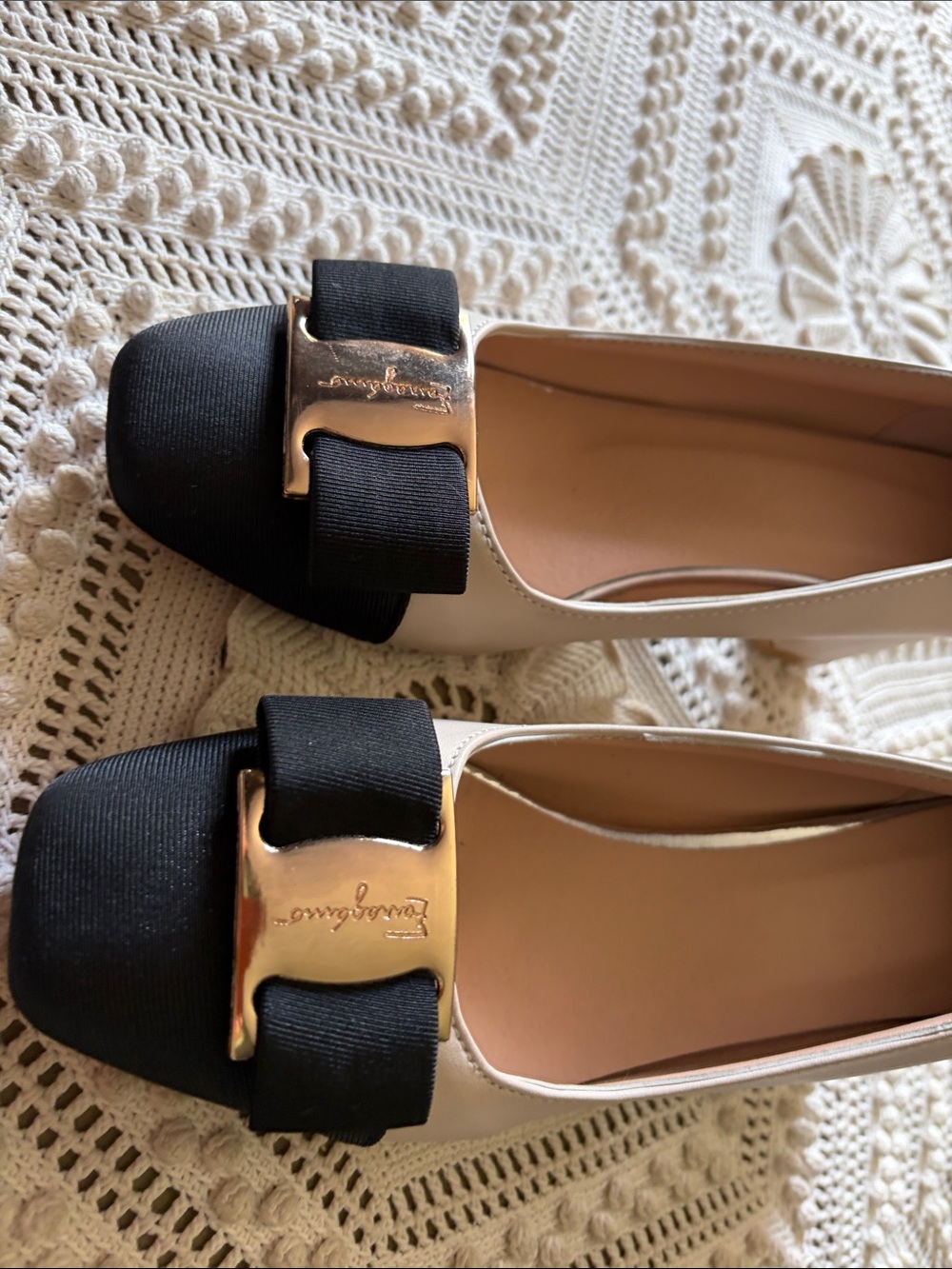 Forragamo Beige and Black Vara Bow Block Heel Pumps - Picture 3 of 6